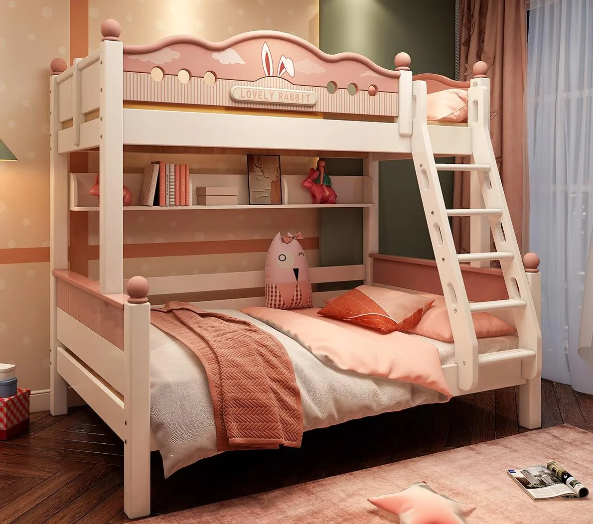 Small Apartment Nordic Style All Solid Wood Bunk Bed With Slide Princess Up Down Children Bedroom Bed Multifunctional Furniture