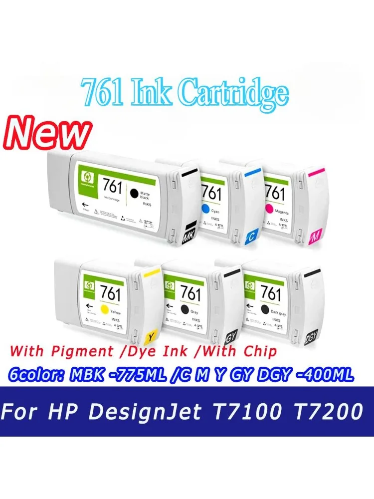 T7100 T7200 Printer 6Colors Ink Cartridge with chip For HP 761 Replacement Ink Cartridge Full With Pigment Ink For HP DesignJet