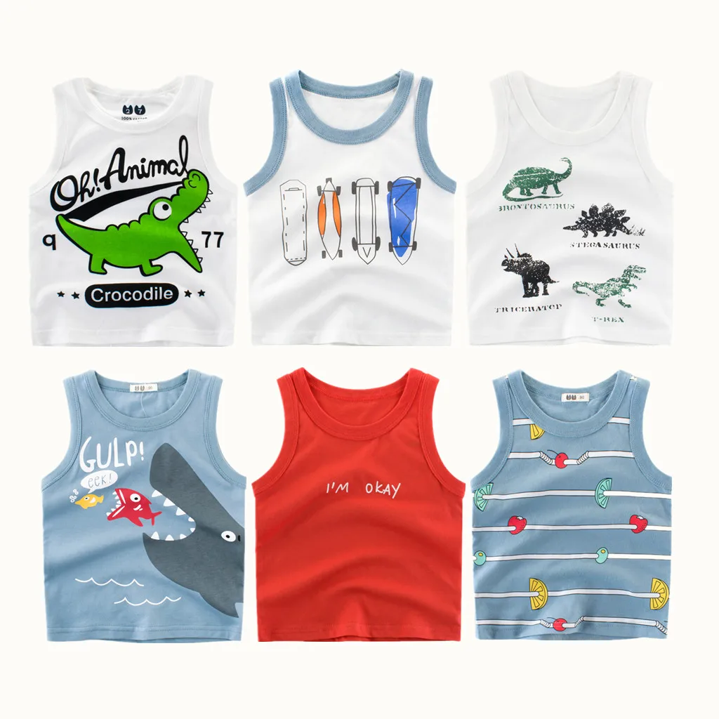 

2024 Summe Children Boy Vests Clothing 100% Cotton Dinosaur Cartoon Baby Boys Girls Tops Clothes Kids Cute Bottoming Undershirts