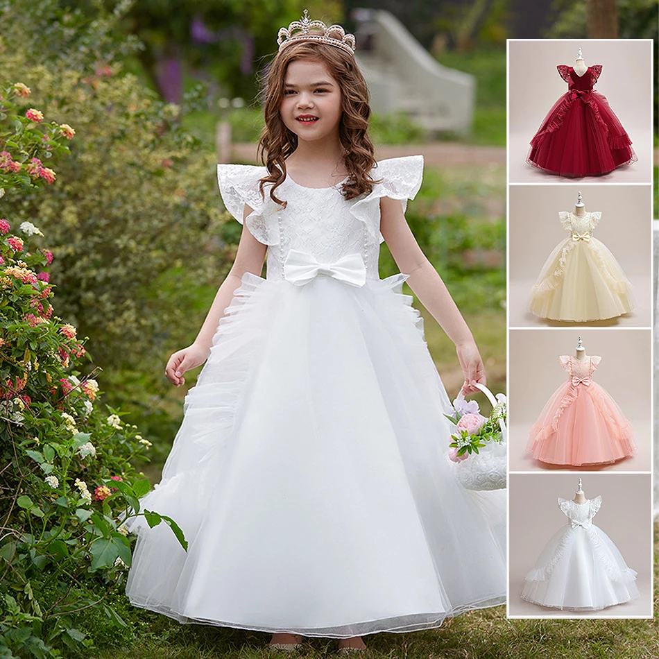 

Flower Girl Wedding Dress Children Birthday Party Princess Dress Solid Elegant Luxury Mesh Gown Kids Pageant Evening Clothes