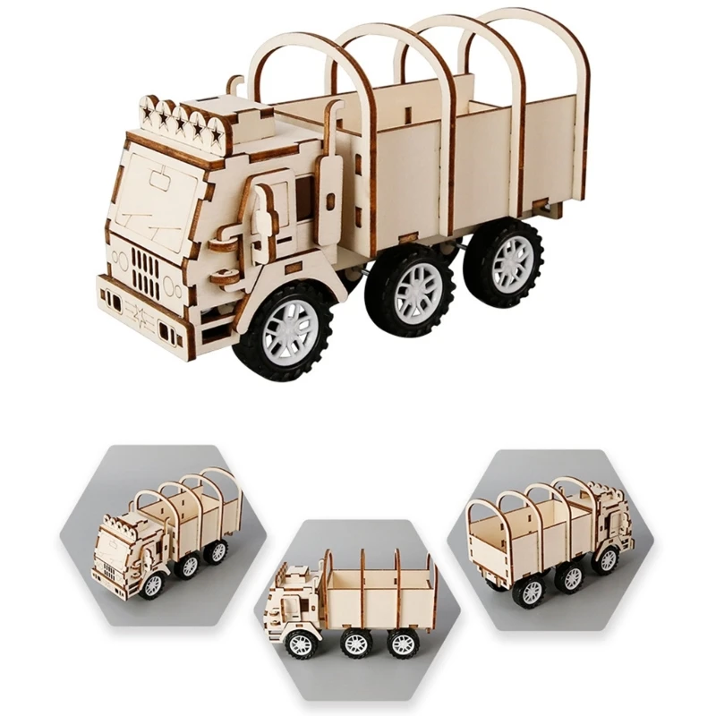DIY Wooden Transport Truck Model with Panels, Six-Wheel Body, and Open Cargo Bed for Hands-On Vehicle 15UB