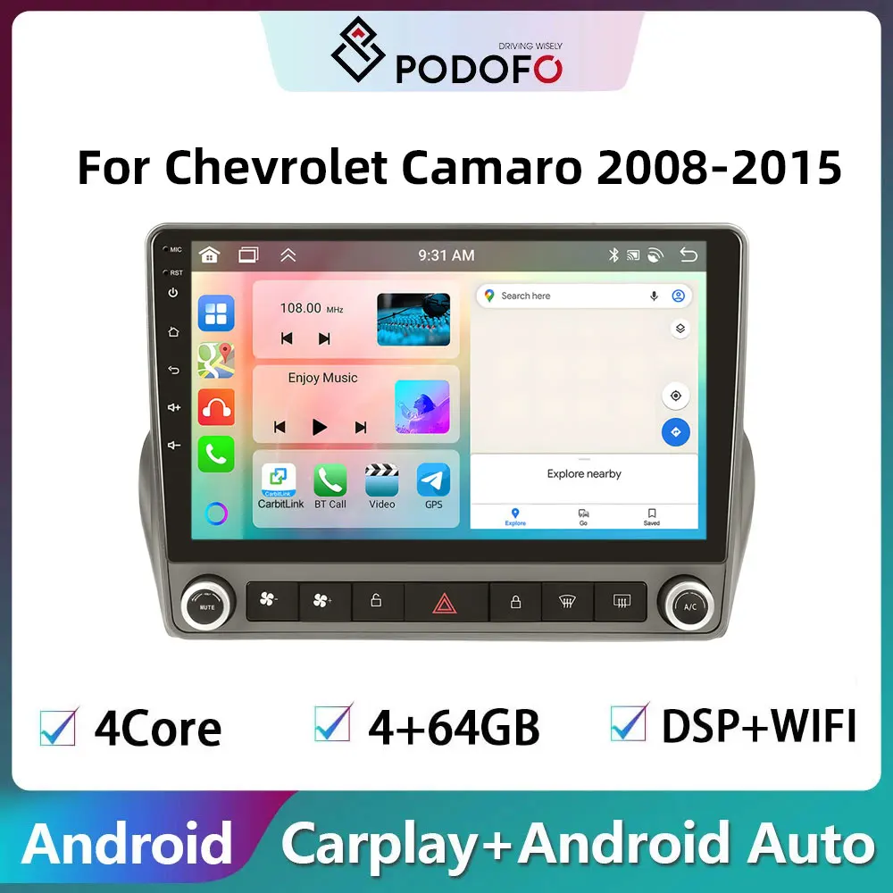 Podofo Android Car Radio Multimidia Video Player Navigation GPS For Chevrolet Camaro 2008-2015 2din Wireless Carplay Head Unit