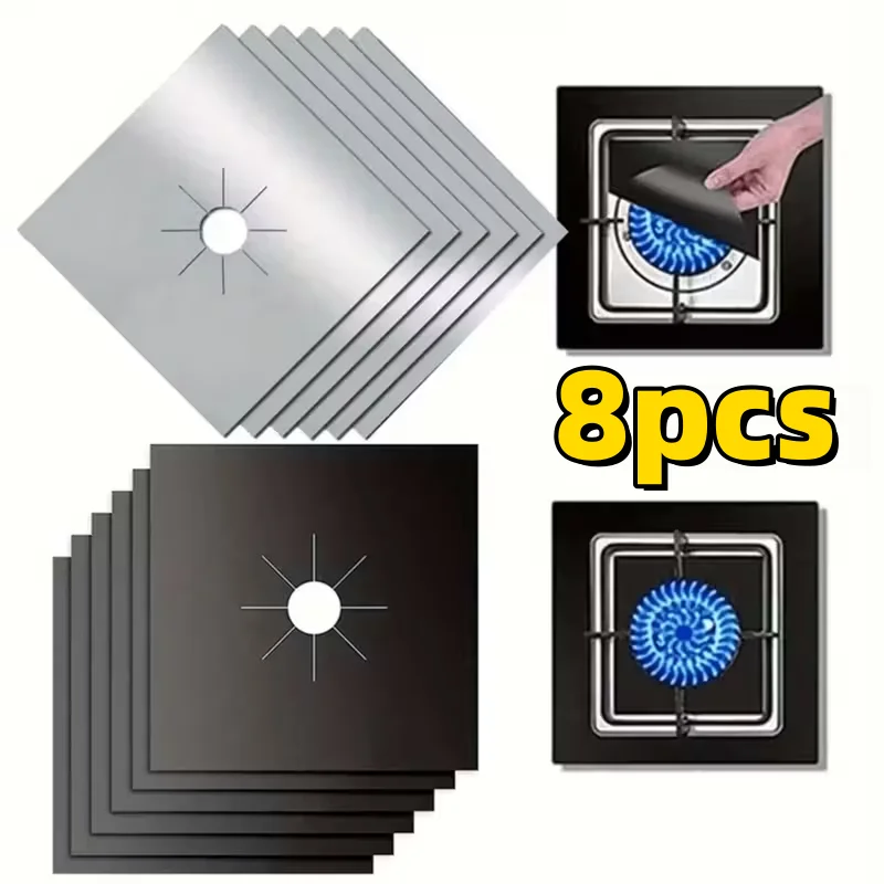 8PCS Reusable Non Stick Gas Stove Burner Covers PTFE Heat Resistant Oil Splash Guard Mats for Kitchen Cooktop Cleaning