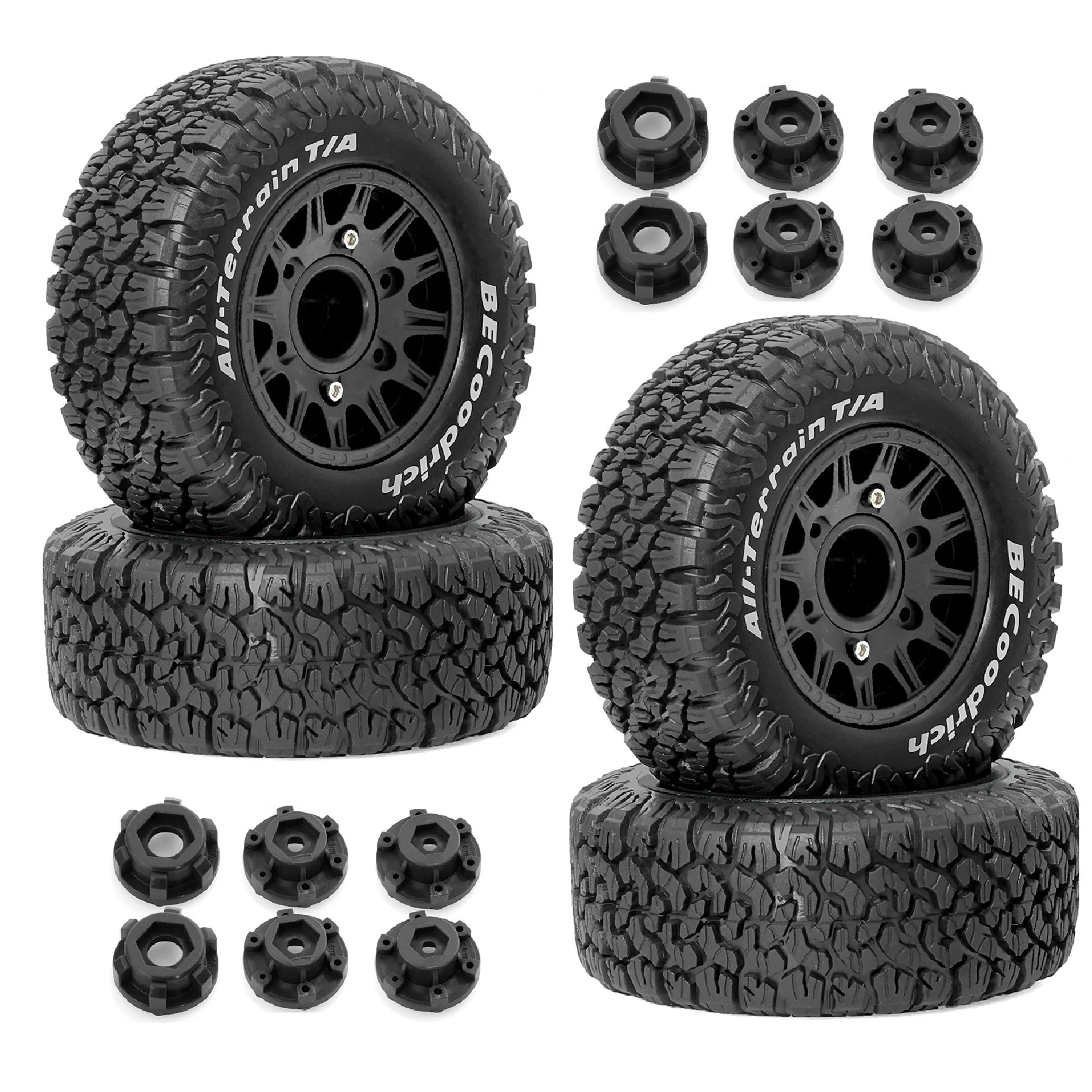 

1Eet RC Short Truck Tires All Terrain для 1/10 TRAXXAS Slash 4X4 HuanQi 727 ARRMA SENTON 3S Losi Ford Raptor Baja Rey (черный)