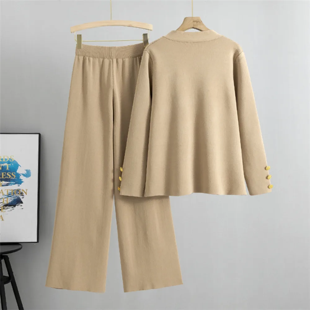 2024 Winter New Women\'s Knitted Sets Fashion Large Gold Button V-Neck Sweater Wide Leg Pants Suits Thicken Knit Two Piece Set