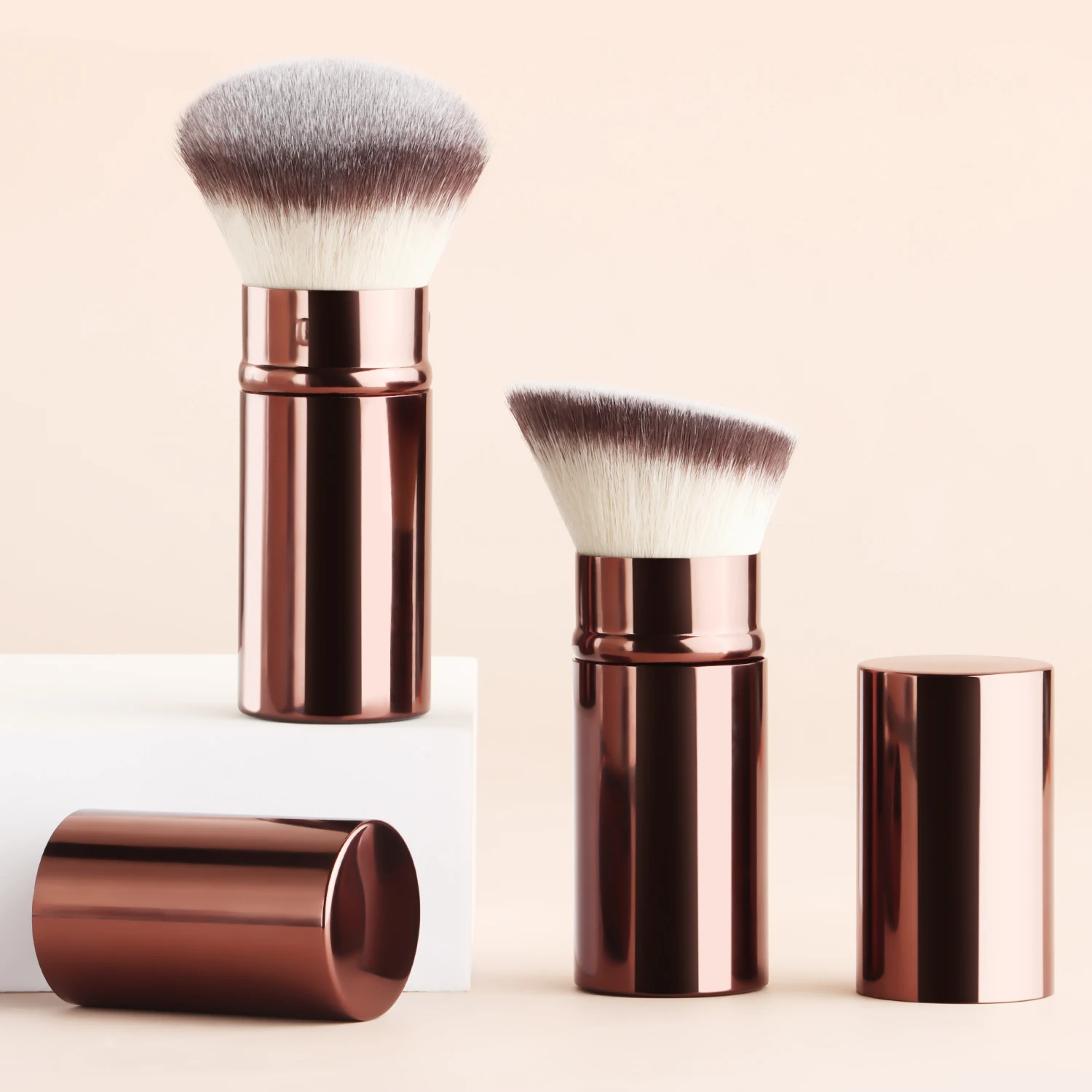 Mini brosse de maquillage télescopique Portable, 2 pièces, poudre de cheveux douce, fard à joues, tête inclinée, brosse ronde, outils en Tube d'aluminium épais