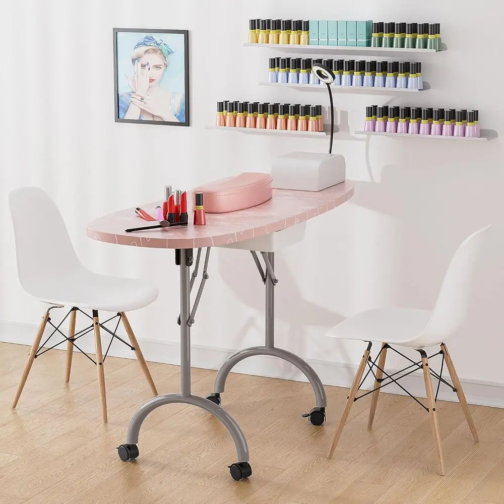 Portable Nail Table with LED Light, Lockable Wheels, Carry Bag & Wrist Cushion (Pink, 30)