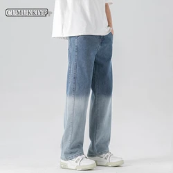 CUMUKKIYP Pantalones vaqueros holgados de pierna ancha degradados para hombre, Jeans rectos de moda de calle alta, negro y azul