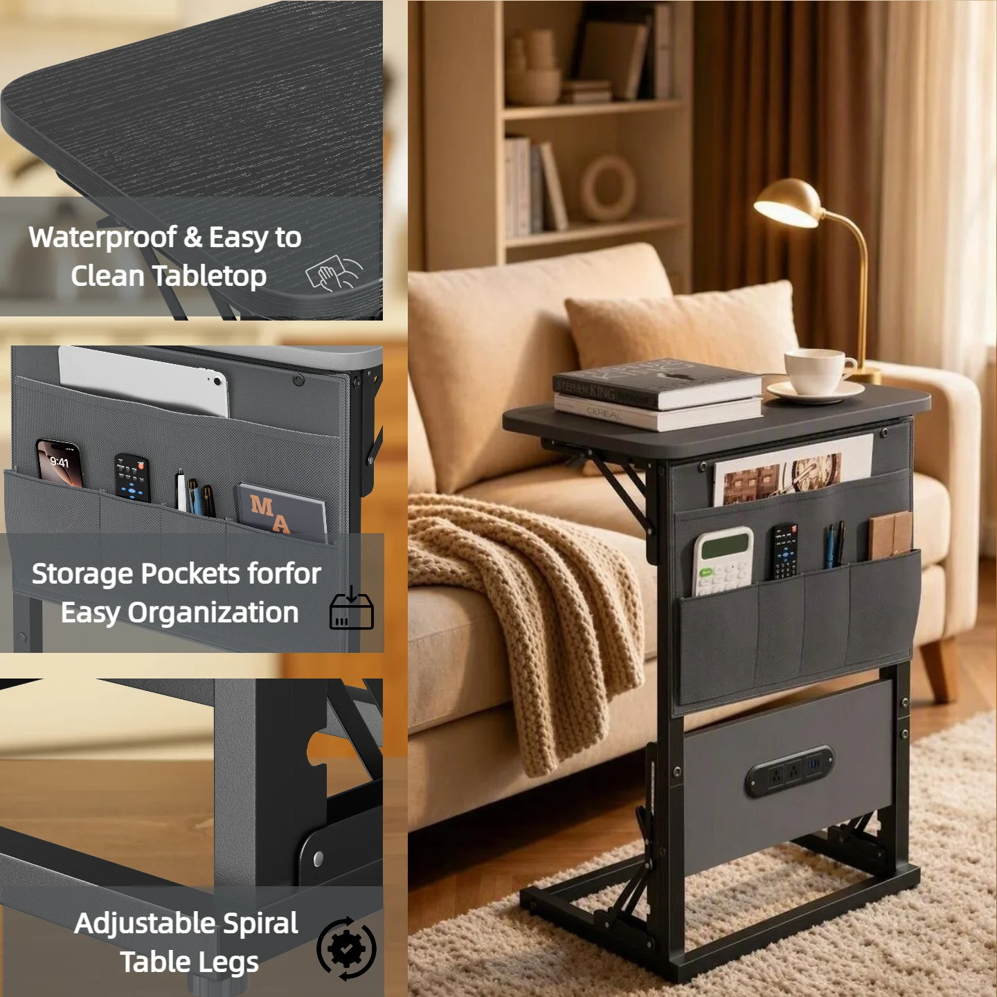 FRODROVIA Folding Side Table with Builtin Power Outlet, C Shaped End Table with Fabric Storage Pocket, Waterproof EasytoClean Tabletop, Adjustable Spiral Feet, Available in Black White Brown for So image 3