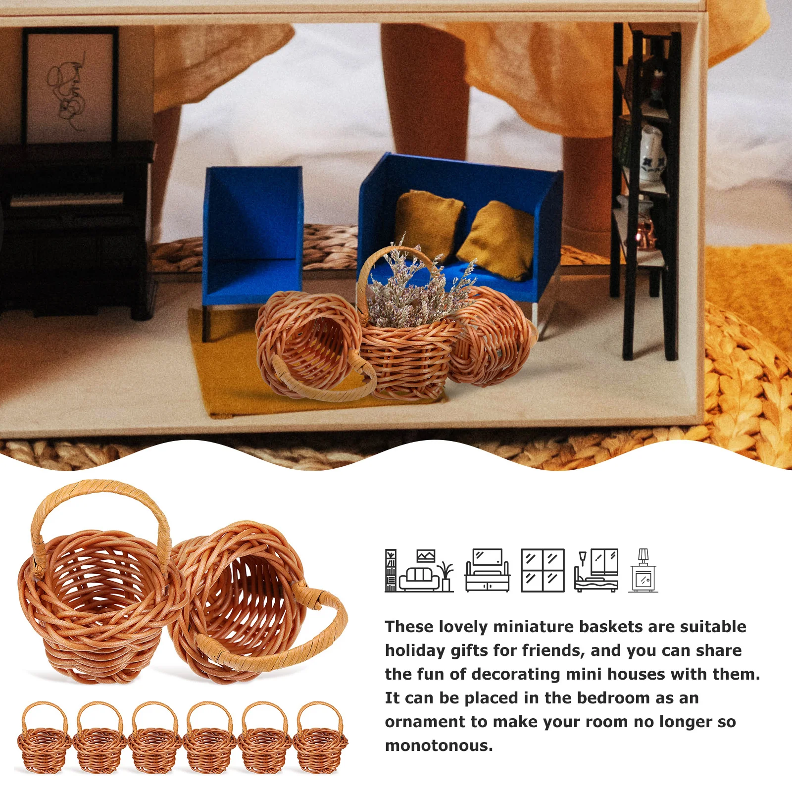 8pcs Woven Flower Baskets Decorative Accessories For Mini House Garden Kids Lovely Landscaping Decoration Desktop Ornament