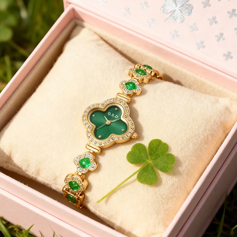 

Женские желто-зеленые повседневные модные кварцевые часы с четырьмя листьями клевера в лесном стиле.