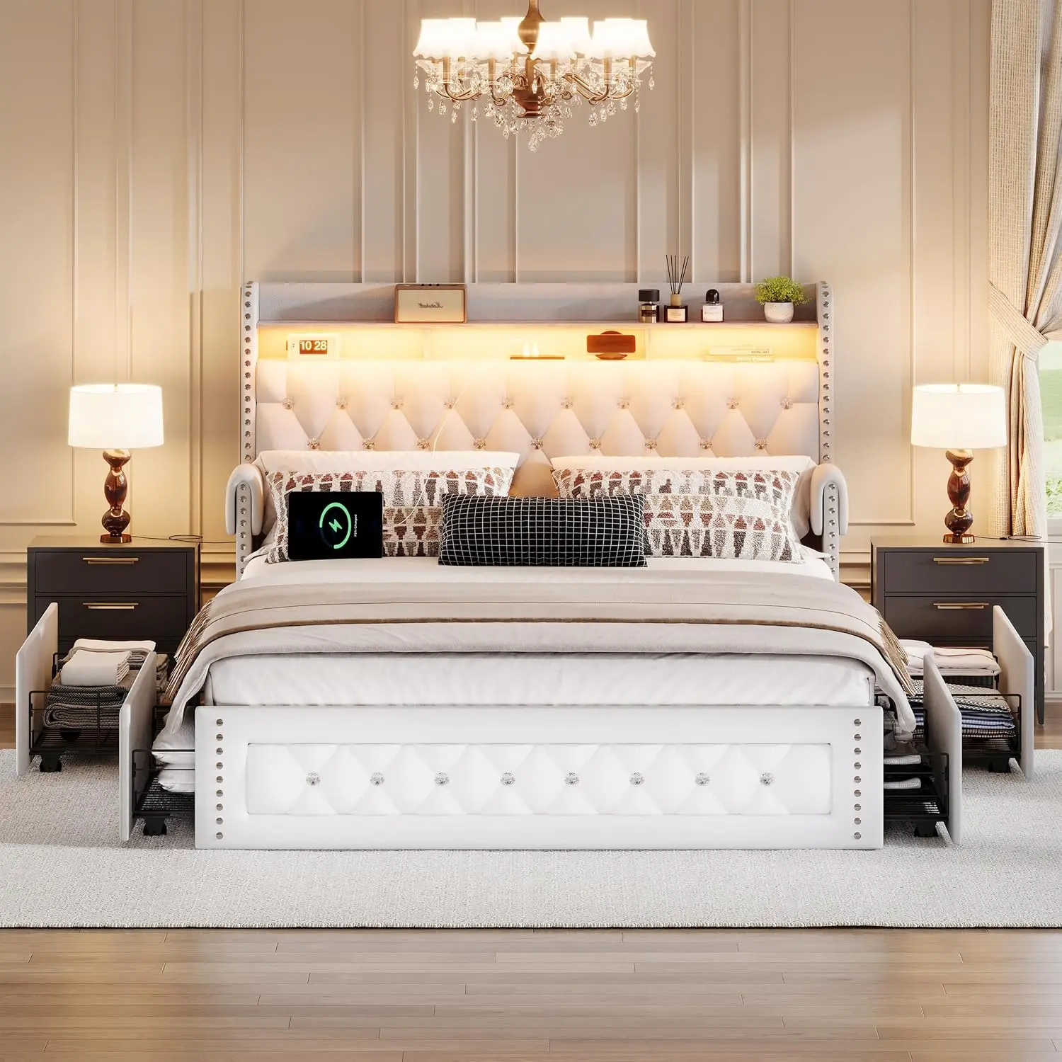 Queen Size Bed Frame with 4 Storage Drawers,Velvet Upholstered Queen Platform Bed with Charging Station and Storage, Customized - view 6