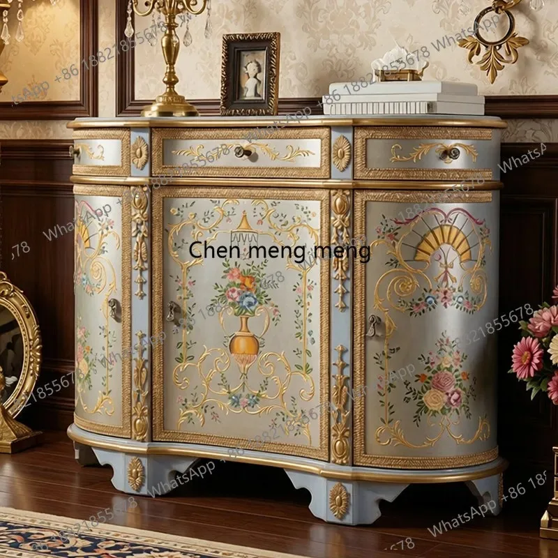 

RR French hand-painted flower heavy work carving gilded foil foyer cabinet living room corridor entrance cabinet