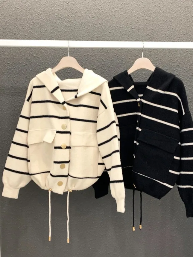 Chic Autumnal Vintage Age-defng Loose Casual Large ket Dstring Long Sve Striped Jaet lavorato a maglia con cappuccio per donna