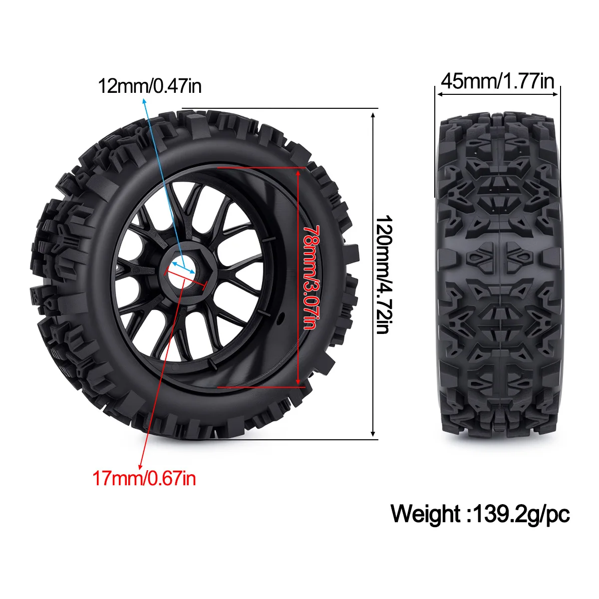 120MM Off-Road RC Tires 17mm Hex Hub Compatible with 1/8 ARRMA Typhon Traxxas HPI HSP Crawler Truck view 3