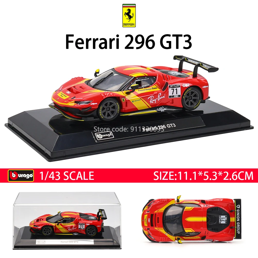 Bburago 1:43 Ferrari 296 GT3 2022 488 250 512 308 312P Alloy Luxury Vehicle Diecast Pull Back Cars Model Toy Collection Gift