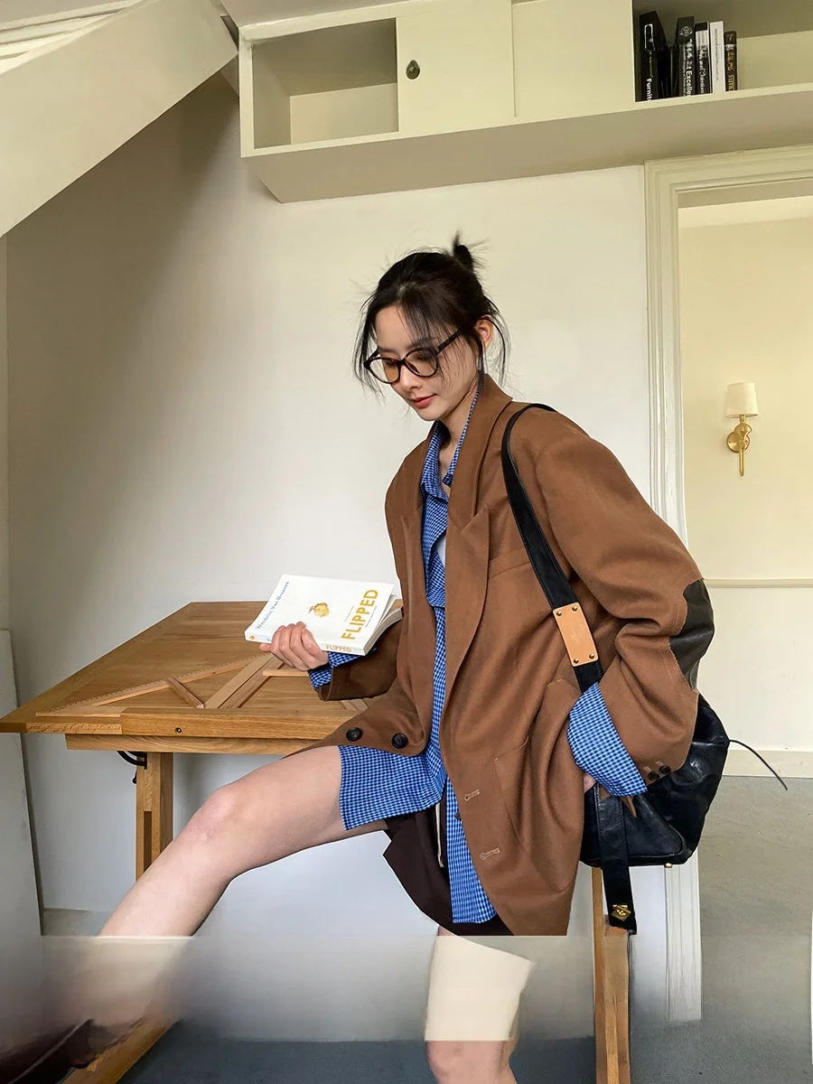 

JCCC Monica: Шерстяной пиджак для похудения, повседневный свободный крой, с кожаными вставками на локтях, для ежедневной носки, женская модная верхняя одежда