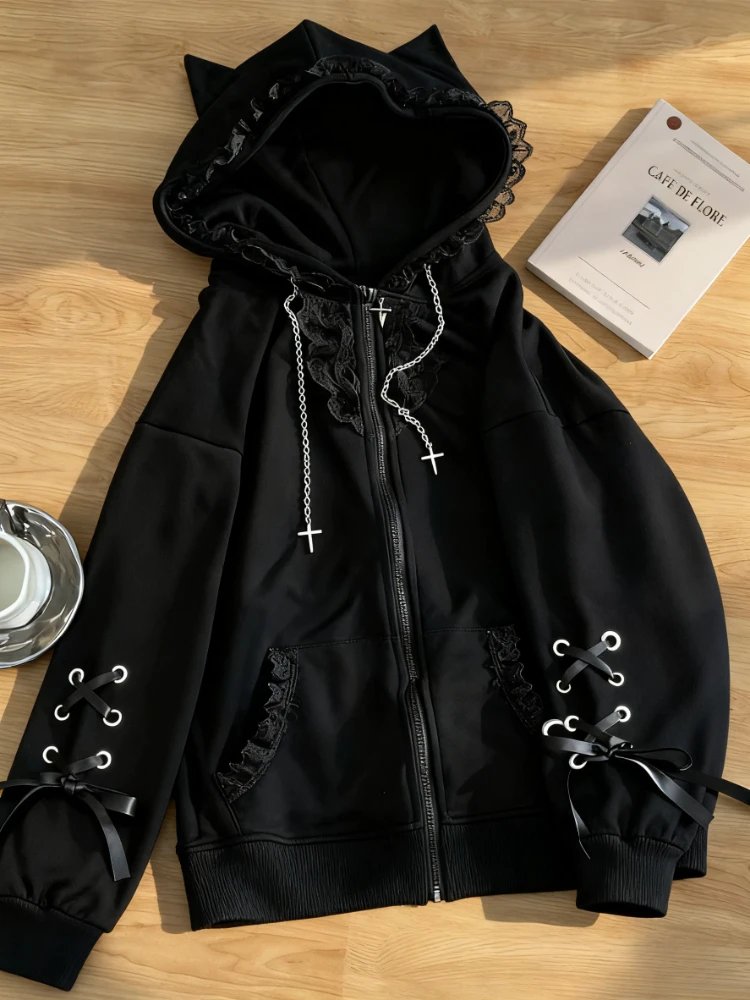 Felpa con cappuccio subcultura gotica vintage autunnale da donna manica lunga giapponese dolce pizzo nero cappotto con cappuccio moda casual cappotto allentato nuovo