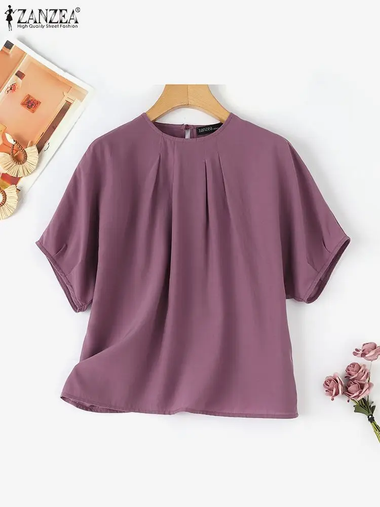 ZANZEA Elegant Office Pleated Top 2024 Summer Women Cotton Short Sleeve Blouse Peplum Blusas Round Neck Tunic Casual Loose Shirt