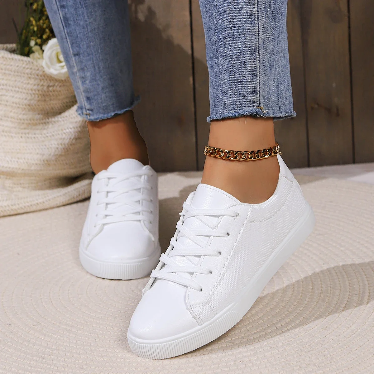 Autumn Winter Women White Sports Shoes with Cross Strap Anti Slip Soft Sole Round Toe Outdoor PU Versatile Low Heel Casual Shoes