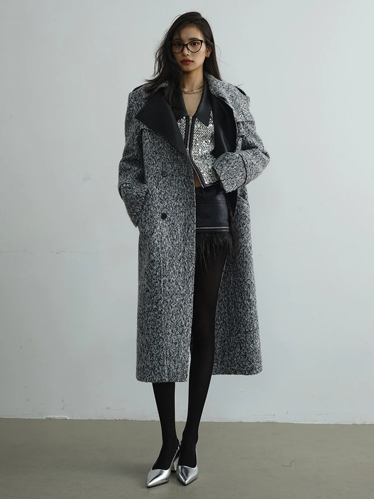 [EAM] Silver Gray Big Size Long Elegant  Woolen Coat New Lapel Long Sleeve Women Jacket Fashion Tide Autumn Winter 2024 1DH3204