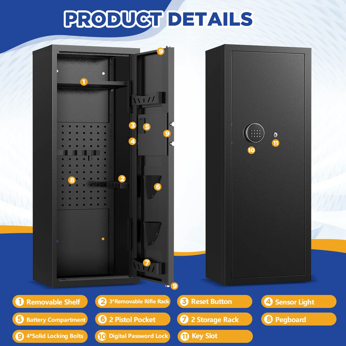 BESAFETY 12-15 Gun Cabinet, for Home Storage, Quick Access safe with Alarm System, Rifles & Pistols, Digital Keypad