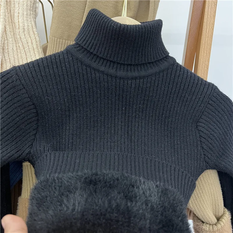 Baby Plus Velvet Sweater Boys Girls Warm Cold Fleece Bottoming Shirt Middle Child Solid High Collar Pullover Sweater 2-10 Years