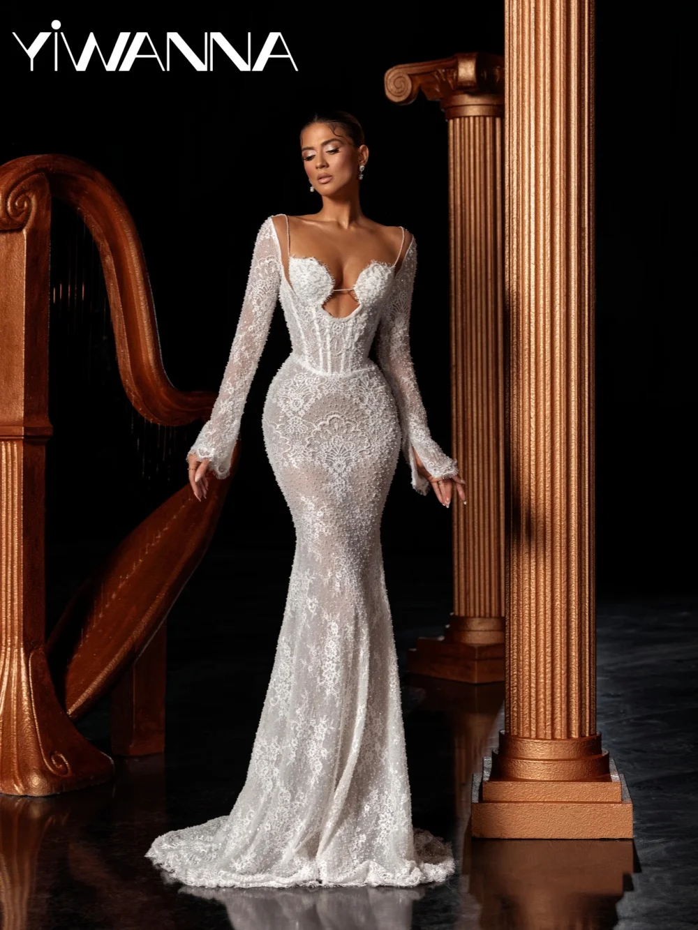 

New Arrival Beaded Lace Mermaid Wedding Dress Elegant Illusion Long Sleeve Bridal Gown Customized Floor-length Dresses For Bride