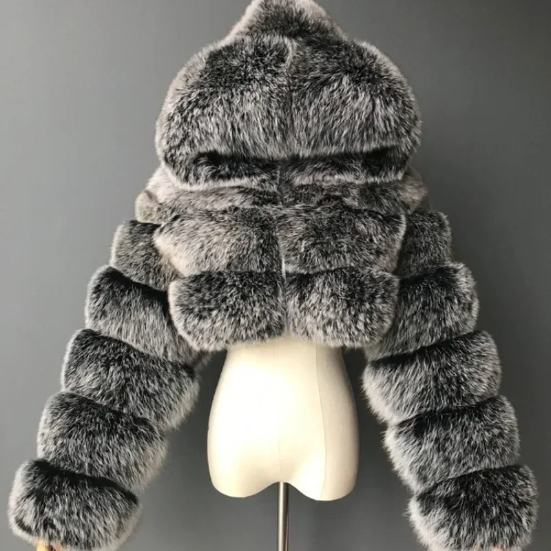 Women Faux Fur Short Coats Hooded Warm Jackets Imitation Fox Fur Long Sleeves Spliced Women Clothing Casual Commute Winter New