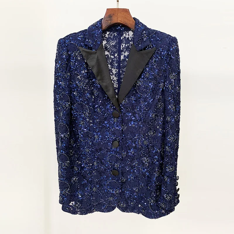 HIGH STREET 2026 Newest Designer Fashion Runway Suit Set Women's Slim Fit Beaded Embroidery Lace Sequined Blazer Pants Set 2pcs