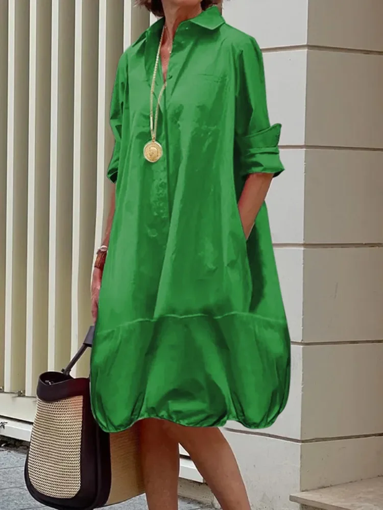 Yeezzi Women\'s Lapel Shirts Dress 2025 New Spring Summer Long Sleeves Loose Solid Color Casual Going Out Office Midi Dresses