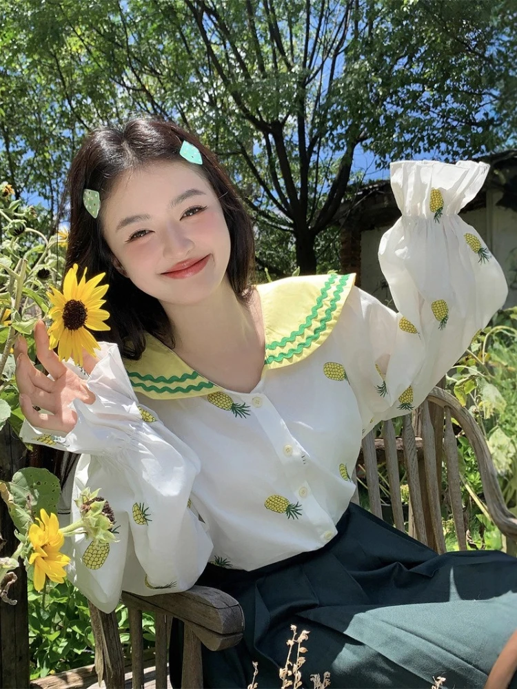 

Korobov Autumn Korean Sweet Sailor Collar Long Sleeve Pineapple Print Contrast Color Loose Women Shirt