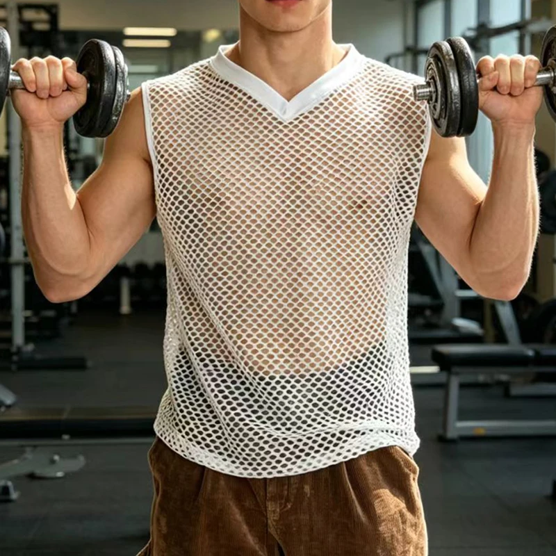 Mode tanktops voor heren, uitgeholde ondershirts, visnet, ademend, mouwloos, V-hals vest, herenkleding voor de sportschool