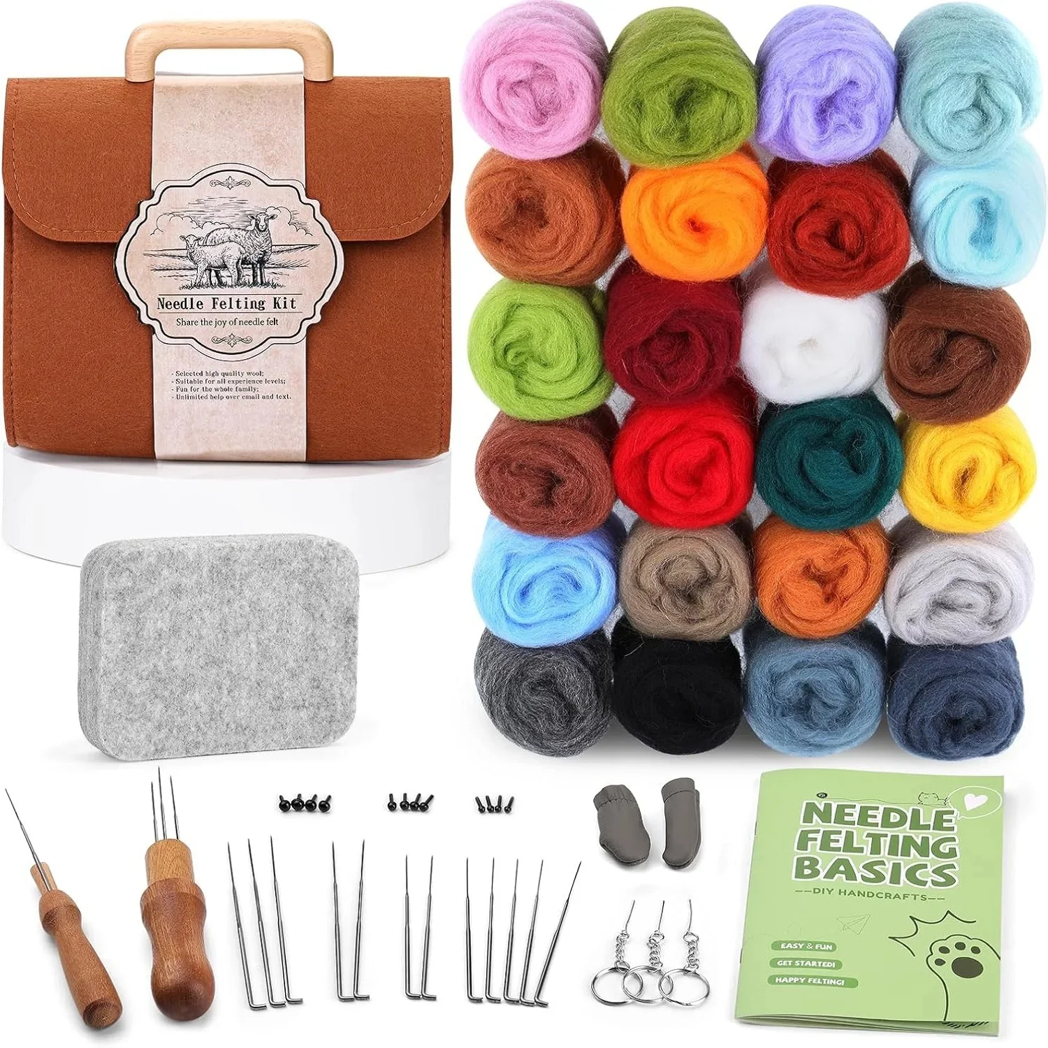 Needle Felting Kit 24 Colors Wool Roving Set with Felt Bag Needles Pad Wool Bulk for Beginner with Step by Step Instructions