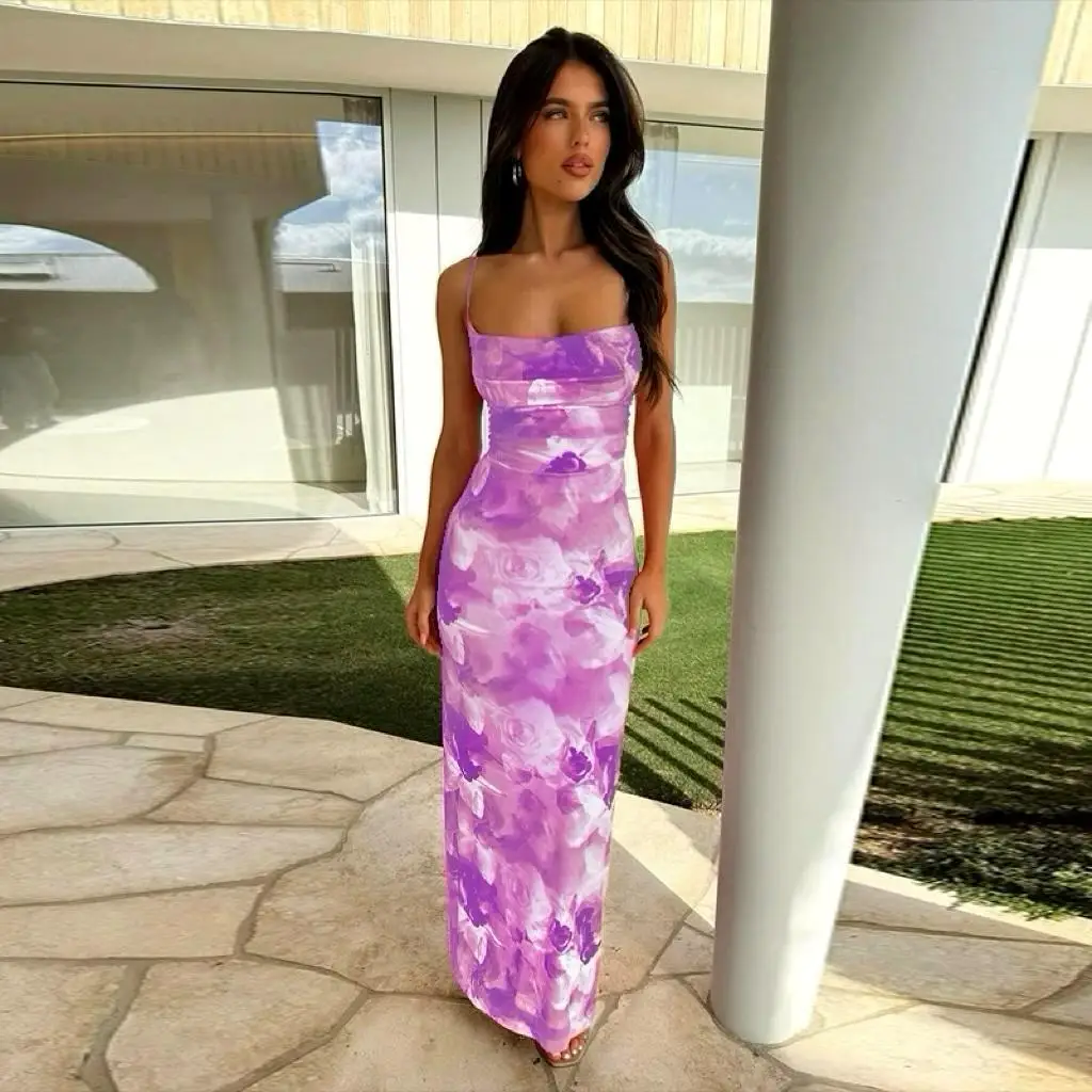 Summer  Temperament Waist Hip Skirt European and American Style Printing Suspender Dress 2025 New