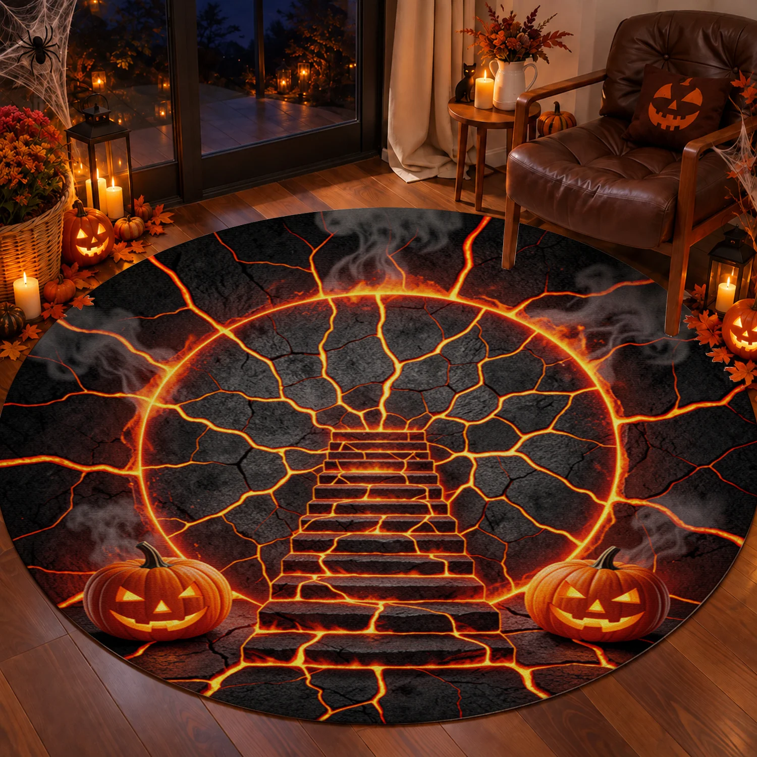 Halloween Glowing Lava Cracked Stair Jack-o'-lantern Pattern Round Velvet Area Rug Soft Machine Washable for Living Room Bedroom Entryway Dining Room Halloween Thanksgiving Black Friday Christmas New Year Decor