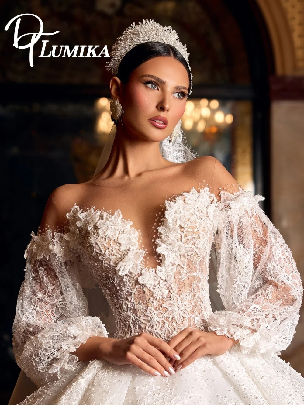 Romantic Off Shoulder 3D Floral Wedding Dress 2026 Puff Sleeve Bridal Dress Enchanting Glitter Bridal Gown Vestidos De Novia