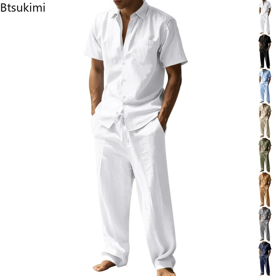 

2026 New Men's Lapel Solid Color Cotton Linen Short Sleeve Shirt Pants Outfit Breathable Home Office Workout Casual Daily Wear