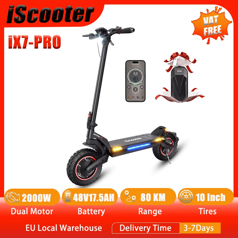 iScooter iX7-PRO Dual Drive Off-Road Electric Scooter Max Speed 60km/h10 Inch Tire 2000W 48V17.5AH Foldable eScooter With App