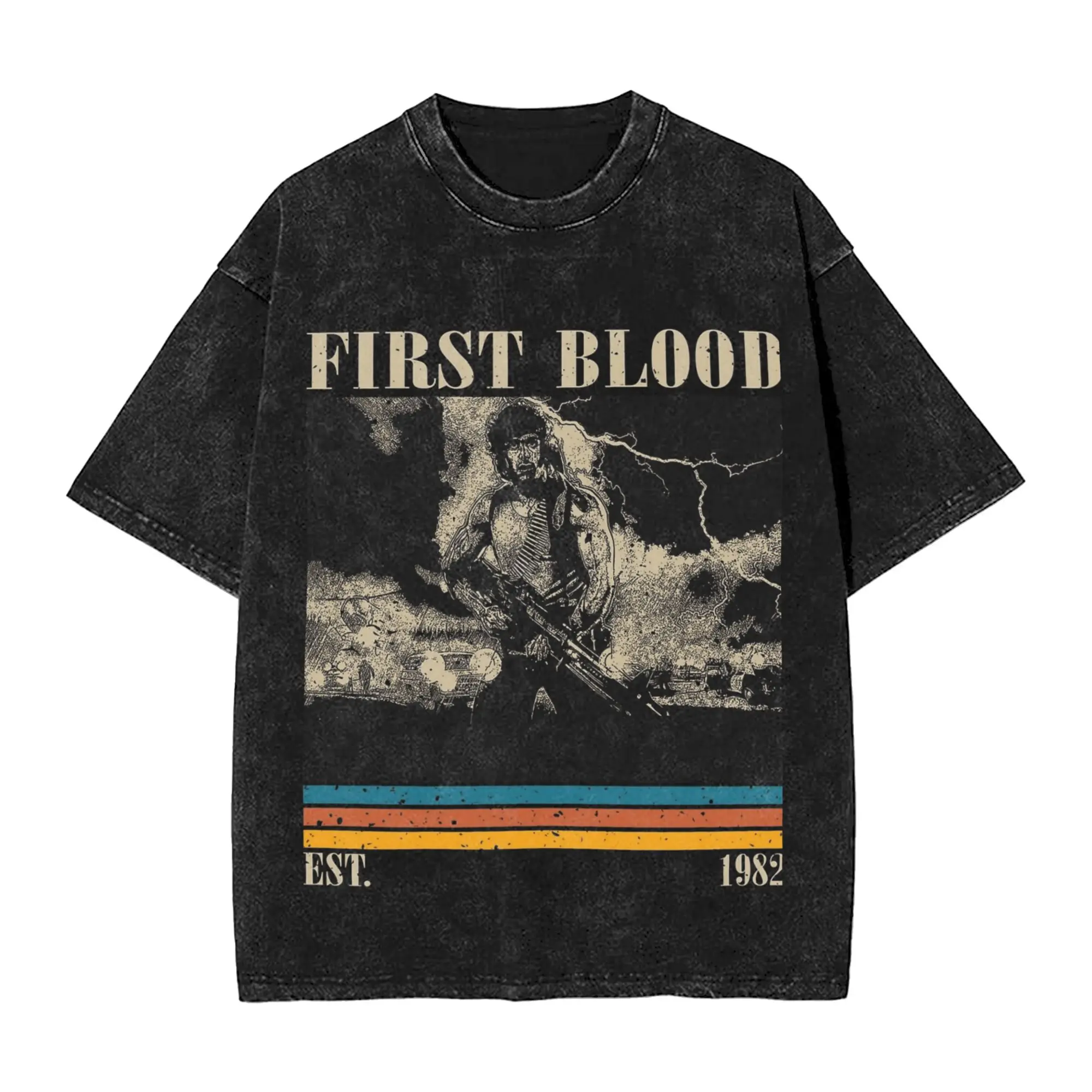 

First Blood Rambo Washed T Shirt Man Y2K Funny Cotton T-Shirts Summer O Neck Hip Hop Tees Print Oversized Clothing