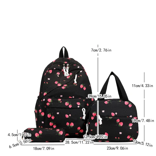 Imagen 2 del producto Lindo conjunto de mochila con diseño de fresa, 3 uds., bolso y estuche para lápices, nailon reforzado, doble cremallera, elementos esenciales escolares, viaje ligero