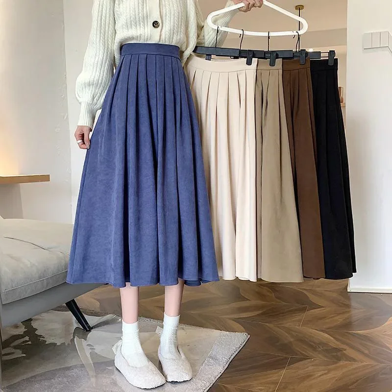 Fashion High Waist Pleated Midi Skirt Women Korean Fashion Slim Fit Faldas Mujer  Autumn Winter Elegant Thick A-line Long Skirt