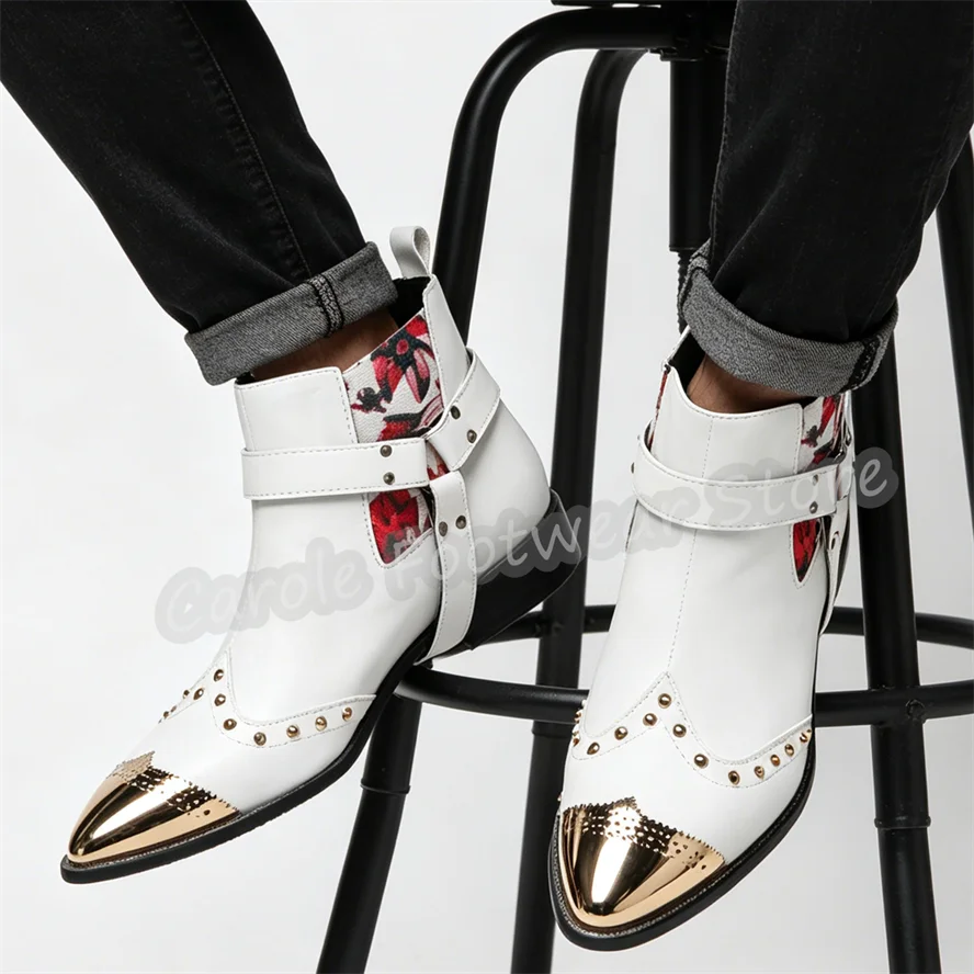 

Punk Rivet Belt Buckle Male High Top Chelsea Boots Metal Round Toe Chunky Heel Mixed Color Ankle Boots Wedding Party Dress Shoes