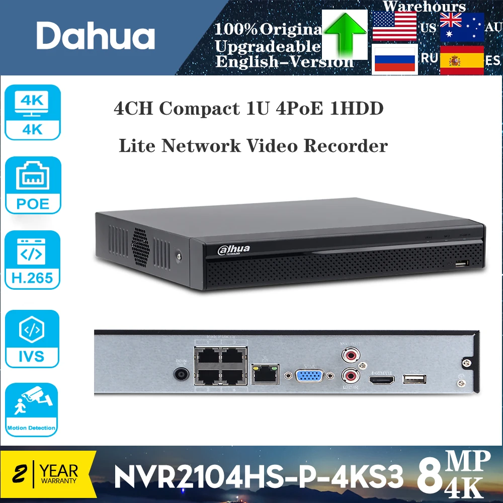 Оригинальный сетевой видеорегистратор Dahua 4K NVR2104HS-P-4KS3, 4-канальный компактный 1U, 4PoE, 1HDD Lite, поддержка защиты по периметру