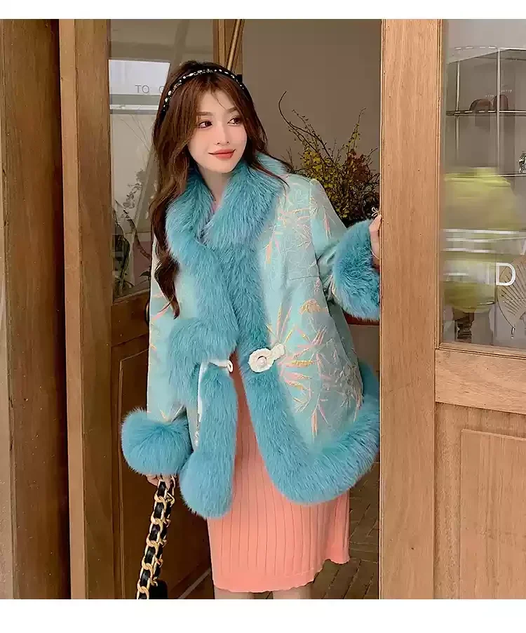 Chinese Style Buckle Imitation Fox Hair Faux Fur Coat Women's Court Style Tang Suit Retro Embroidered Coat Winter