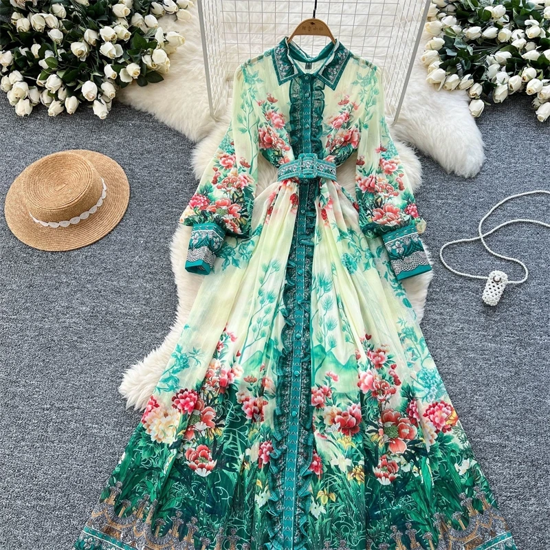 

Elegant Palace Style Brand Designer Single Breasted Long Sleeve Floral Maxi Dresses Shirt Women Casual Print Chiffon Dress