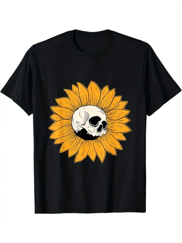 

Gothic Skull and Sunflower Print T-Shirt Casual Crew Neck Short Sleeve Comfortable Year-Round Wear Women's T-Shirt