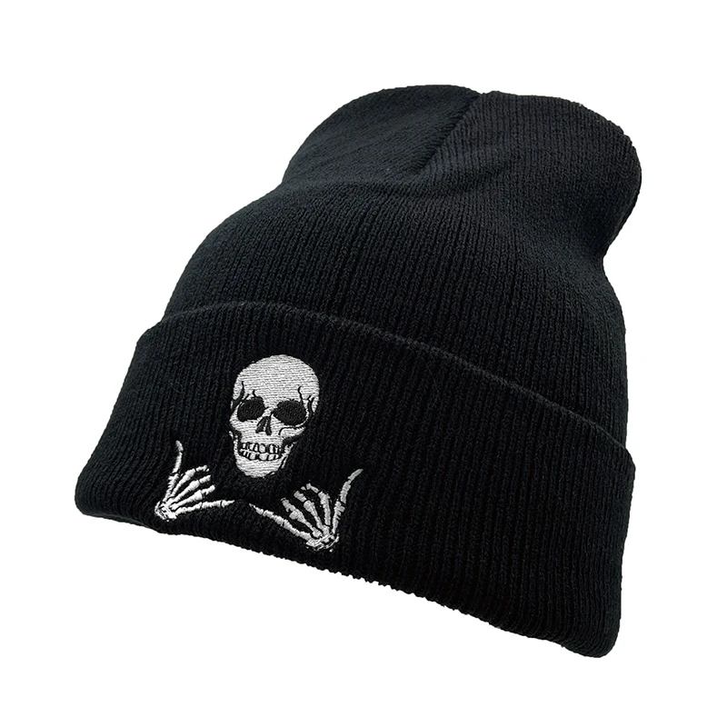 

Unisex Winter Gesture 66 Skull Embroidery Knitted Windproof Warm Beanies Cap Men Women Punk Hip Hop Outdoor Cold Hat