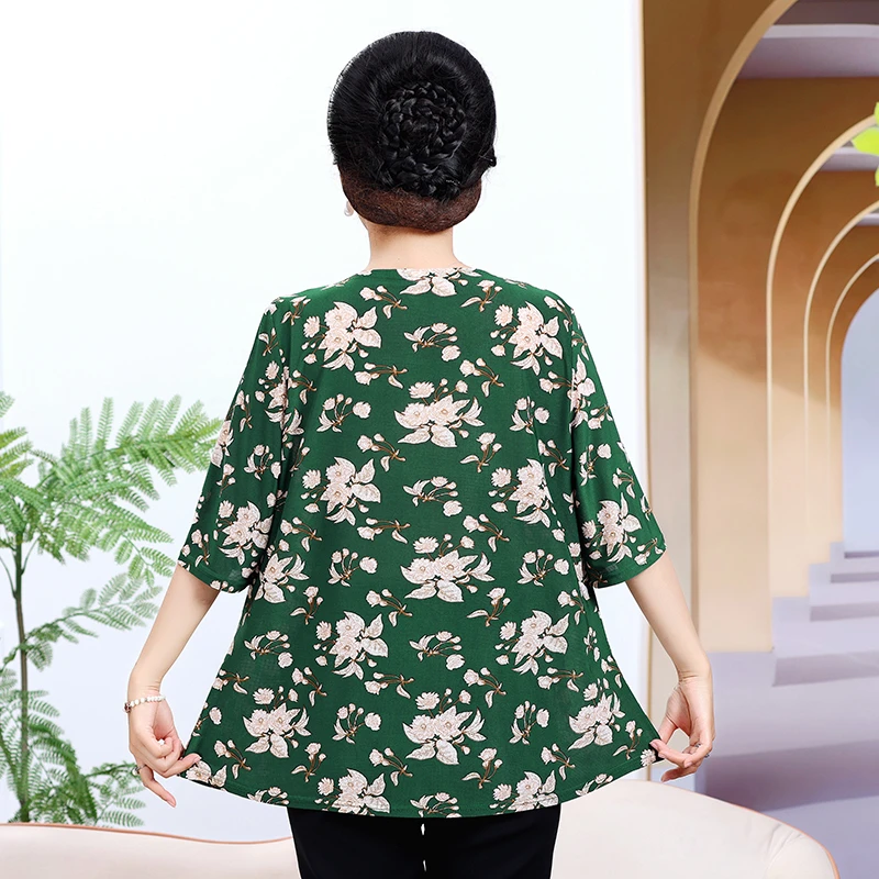 Round Necked Pleated Blouse Summer Loose T-shirt 2024 New Plus Size Shirt Flower Pattern Short Sleeved Women\'s Clothing