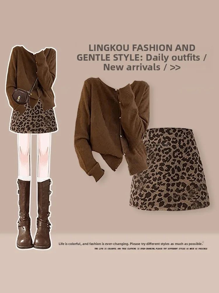 

Faionable Knitted Cardigan And Skirt Set plus Size Autumn Winter Sle Leopard Print Slimming High Waist A-Line Skirt